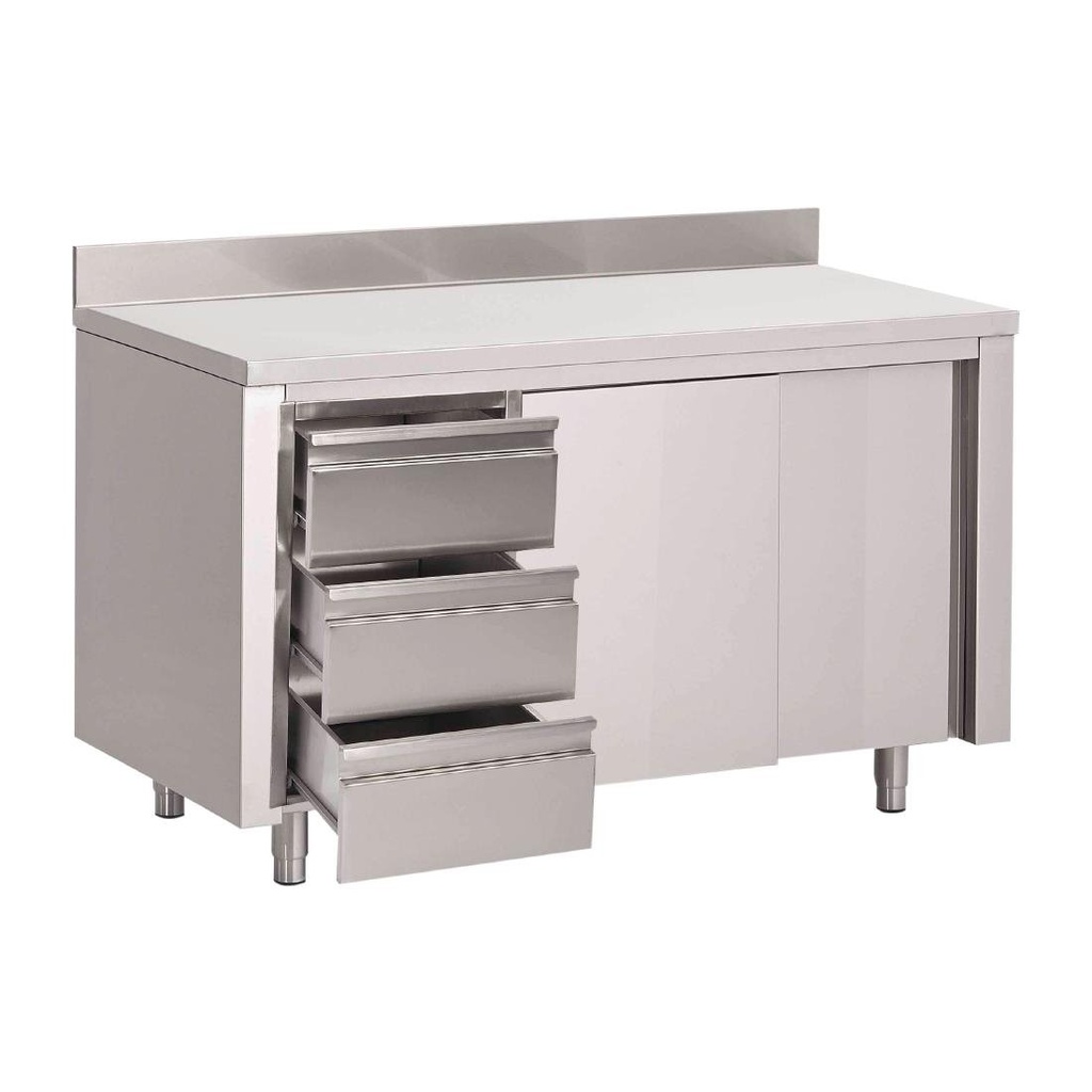 Gastro M werktafel met 3 laden links, schuifdeuren en achteropstand 88x140x70cm