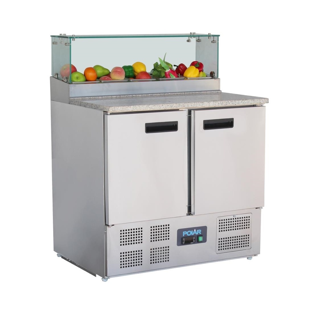 Polar G-serie 2-deurs pizza koelwerkbank met opzetkoelvitrine 256L