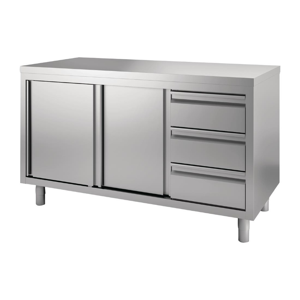 Gastro M RVS werktafel met schuifdeuren en 3 laden 88x140x70cm