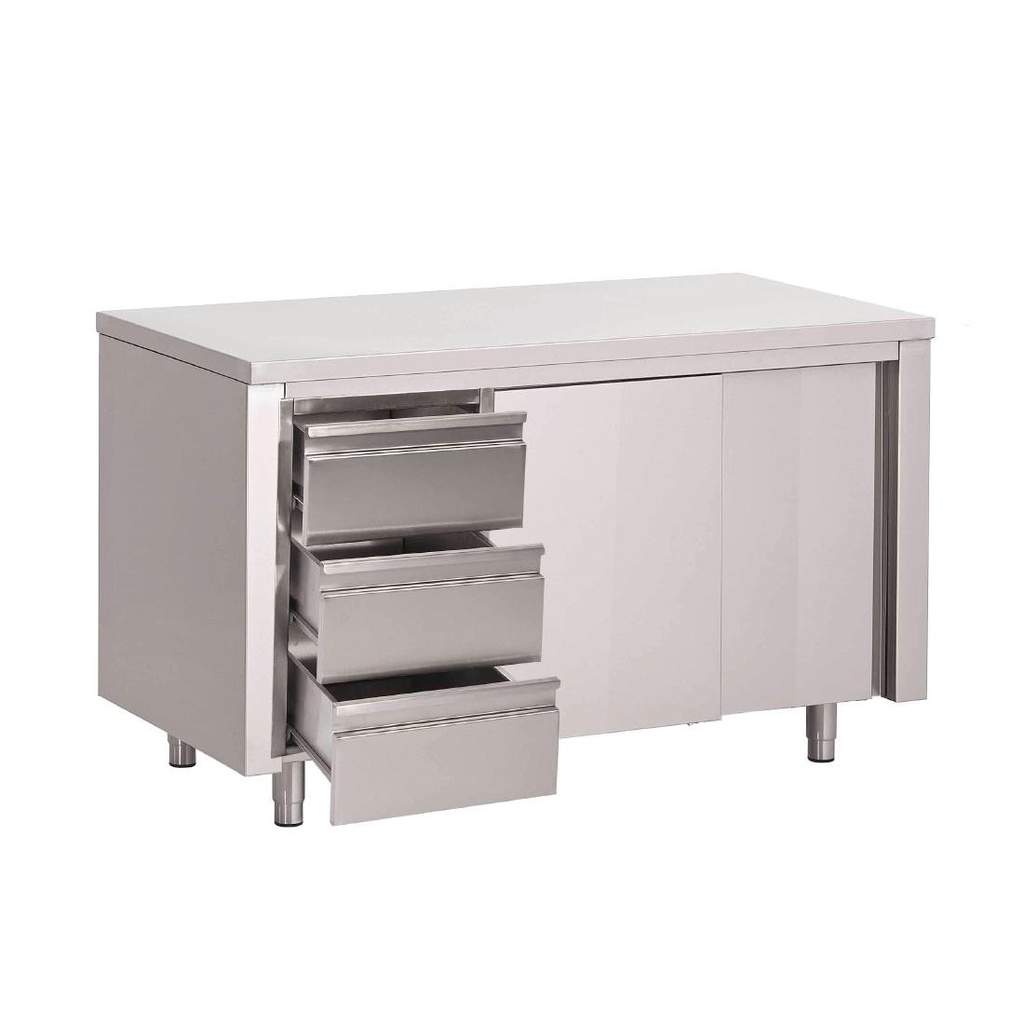 Gastro M RVS werktafel met schuifdeuren en 3 laden 88x150x70cm