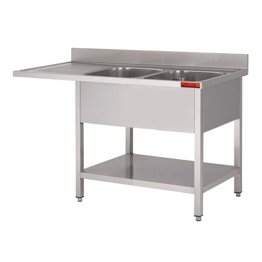 [CX519] Gastro-M Spoeltafel met onderstel en onderblad mm 1600x 700x850 Met uitsparing voor VW, 2 dienbladen rechts 400x500x250, verlegen links T4,