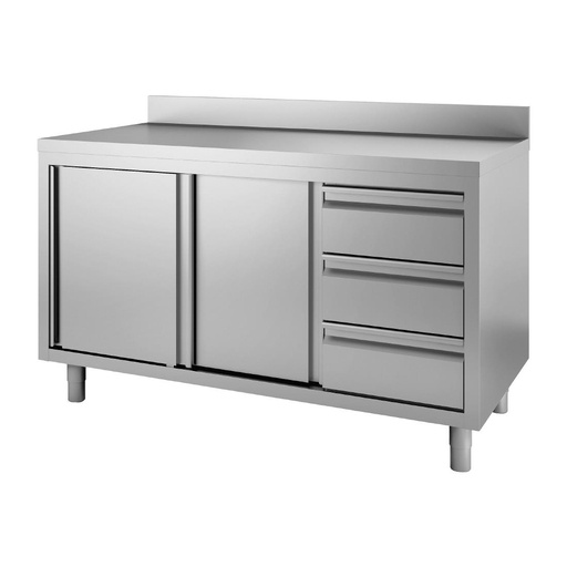 [DS441] Gastro M werktafel met 3 laden rechts, schuifdeuren en achteropstand 88x120x60cm