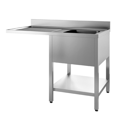 [GN095] Gastro-M Spoeltafel met onderstel en onderblad mm 1200x 700x850 Met uitsparing voor VW, 1 bak rechts 500x500x320, dienblad links INOX